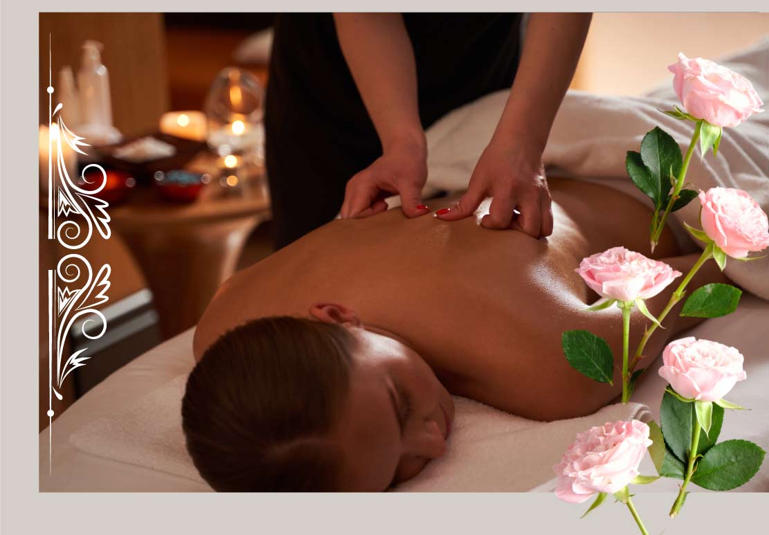 Licensed therapist performing a deep tissue back massage on a client for stress reduction and back pain relief, surrounded by calming spa floral aesthetics.